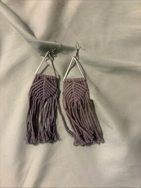 Handmade Grey Macramé Fringe Drop Earrings - Women Jewelry